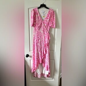 Sugarlips Size XL Pink Ivory Wrap Floral High-Low Wrap Tie Maxi Dress Lined New